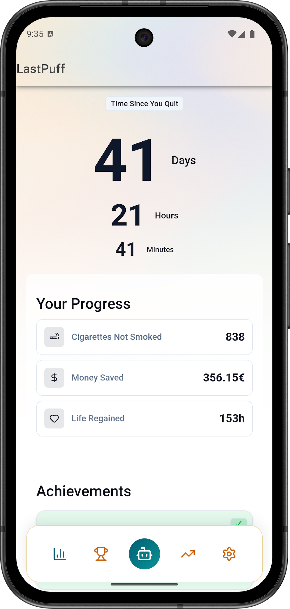 LastPuff Android app showing quit smoking progress - 41 days, 21 hours, 41 minutes since quitting, with 838 cigarettes not smoked, 356.15€ saved, and 153h life regained