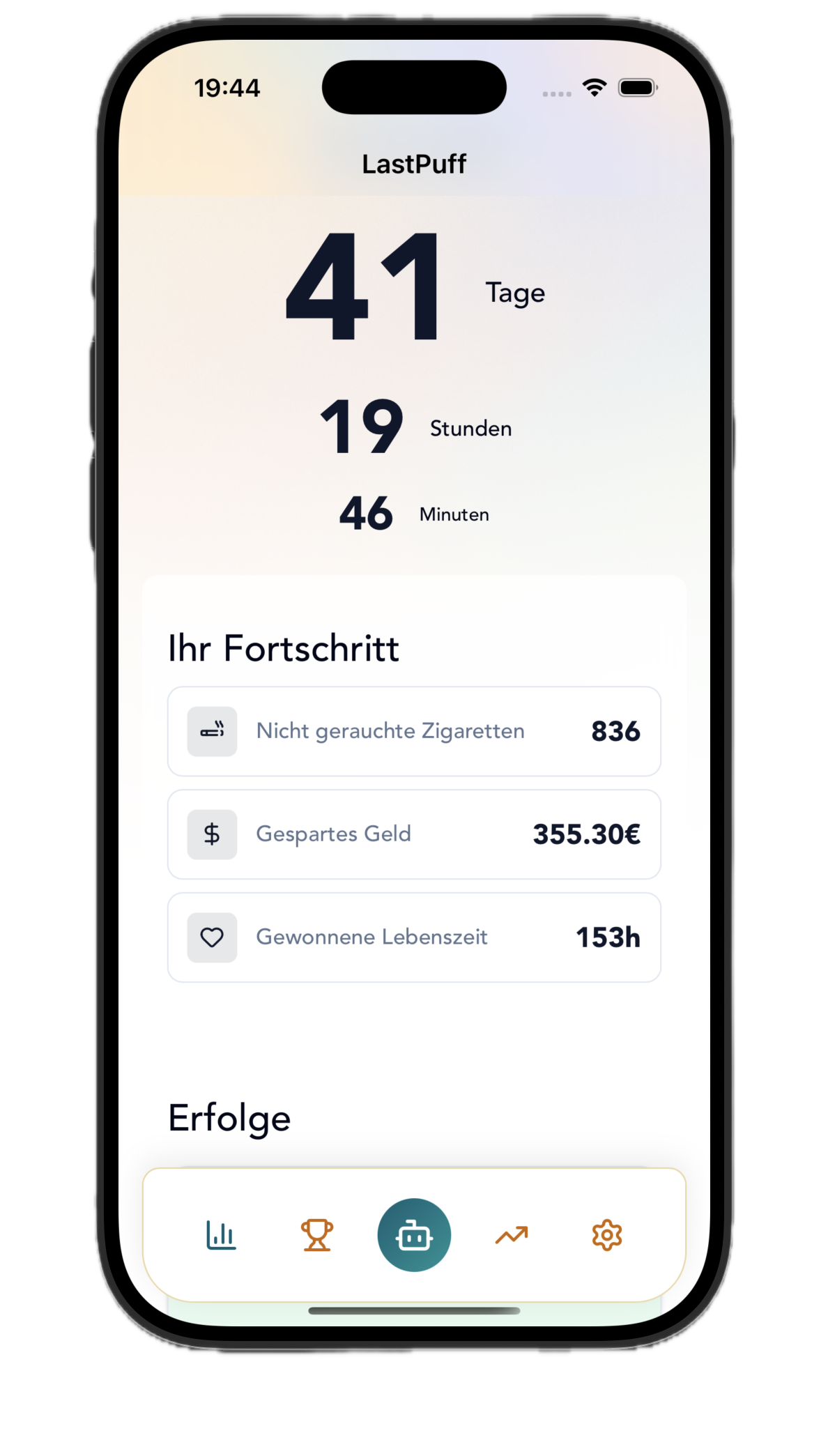 LastPuff iOS app showing quit smoking progress - 41 days, 19 hours, 36 minutes since quitting, with 836 cigarettes not smoked, 355.30€ saved, and 153h life regained